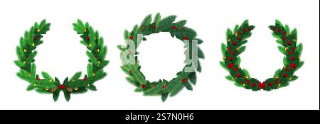 Realistische fröhliche weihnachtskränze mit Kiefernzweigen. Grüner Tannenkranz dekoriert mit stechpalmenblättern, roten Beeren und Kugeln Vektorset. Feierlicher Kranz realistisch mit Girlande Illustration. Realistische fröhliche weihnachtskränze mit Kiefernzweigen. Grüner Tannenkranz dekoriert mit stechpalmenblättern, roten Beeren und Kugeln Vektorset Stock Vektor