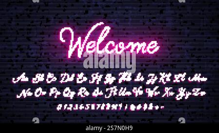 Neon handgeschriebene englische Buchstaben, Zahlen und Symbole. Vektorrot leuchtendes Alphabet mit Zahlen und Symbolen. Stock Vektor