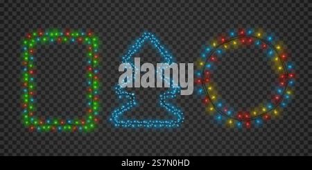 Weihnachtsgirlanden in runder, quadratischer und baumförmiger Form. Weihnachtsdekoration mit leuchtendem Rand für Weihnachtsgrüße. Lichter Kranz Vektor Set. Illustration der weihnachtsrahmendekoration. Weihnachtsgirlanden in runder, quadratischer und baumförmiger Form. Weihnachtsdekoration mit leuchtendem Rand für Weihnachtsgrüße. Lichter Kranz Vektor Set Stock Vektor