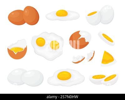 Cartoon roh, gekochte und gebratene Hühnereier mit Eigelb. Frisches, in Scheiben geschnittenes Ei, zerbrochene Eierschale. Gekochte Eier zum Frühstück Vektorset. Bio-Produktbestandteil in verschiedenen Formen Stock Vektor