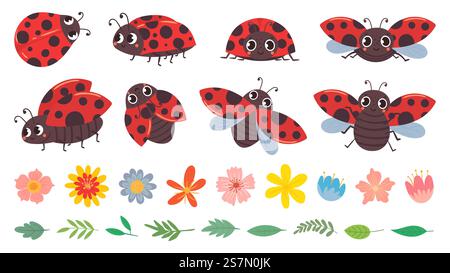 Cartoon Marienkäfer. Nette Marienkäfer mit Blumen und Blättern, rote Insekten und Insekten Vektor-Illustration Set. Lustige weibliche Käfer, Blütenknospen und Blattpackung. Gepunktete Flying Beetle Stickers Kollektion. Cartoon Marienkäfer. Nette Marienkäfer mit Blumen und Blättern, rote Insekten und Insekten Vektor-Illustration Set. Lustige weibliche Käfer, Blütenknospen und Blattpackung. Kindliche Aufkleberkollektion für fliegende Käfer Stock Vektor