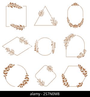Rahmen mit Blumenschmuck. Zierblumen, Blätter und Zweige Kranzabzeichen Rahmen. Minimalistische dekorative Emblemrahmen, Vintage-botanische Borten. Isolierte Vektorzeichen gesetzt. Rahmen mit Blumenschmuck. Zierblumen, Blätter und Zweige Kranzabzeichen Rahmen. Minimalistisches dekoratives Emblem Rahmen Vektor-Set Stock Vektor