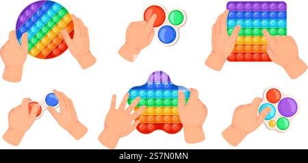 Kinderhände halten Pop IT und spielen mit zappelndem Spielzeug. Kinder, die sensorische Spielbläschen sprengen. Antistress einfache Vertiefung Regenbogen Spielzeug Vektor-Set von verschiedenen Formen als rundes Quadrat und Stern Stock Vektor