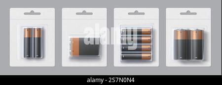 Realistisches Design für Alkali-Batterien. Schwarze und goldene metallische Elektrobatterien in transparenten Packungen Vektorschablone Set. Akkumulatoren in Blisterpackung für Branding Stock Vektor
