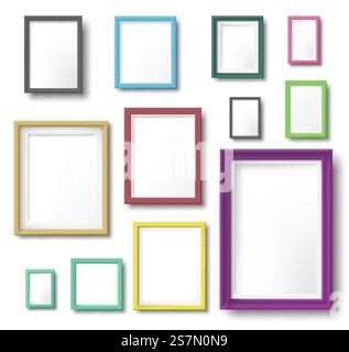 Realistischer farbiger Bilderrahmen. Rechteckiger Bilderrahmen Hängewand mit realistischem Schatten, quadratischen Rahmen und moderner einfacher Rahmenschablone. Wand Fotoaufnahme Album isolierte Vektorsymbole gesetzt. Realistischer farbiger Bilderrahmen. Rechteckiger Bilderrahmen Hängewand mit realistischem Schatten, quadratischen Rahmen und modernen einfachen Rahmen Vorlage Vektor Set Stock Vektor