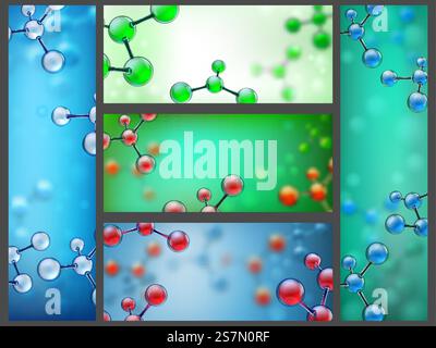 Banner für abstrakte Moleküle. Wissenschaftszellforschung, chemische Moleküle und Molekularstrukturbanner. Atom- oder dna-Struktur-Broschüre, Zellen medizinische wissenschaftliche Vektor-Illustration Set. Banner für abstrakte Moleküle. Wissenschaftliche Zellforschung, chemische Moleküle und Molekülstruktur Bannervektor Illustration Set Stock Vektor
