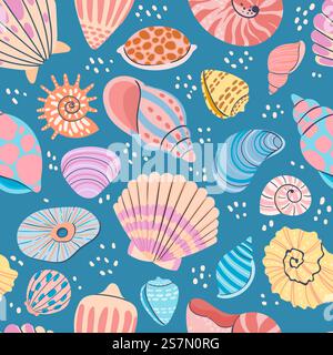 Nahtloses Muschelmuster. Sommermotiv mit Muschelmuscheln, Austern, Jakobsmuscheln und Muscheln. Meeresmuscheln Muscheln Vektortapete. Unterwassertiere auf dunkelblauem Hintergrund. Nahtloses Muschelmuster. Sommermotiv mit Muschelmuscheln, Austern, Jakobsmuscheln und Muscheln. Meeresmuscheln Muscheln Vektortapete Stock Vektor