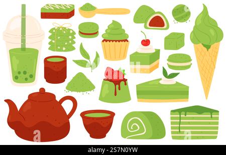 Matcha-Tee und Süßigkeiten. Japanische grüne Matcha-Produkte, Pulver, Blätter, Teekanne und Tassen, Sprudeltee. Gesundes Gebäck und Desserts Vektor-Set. Grüner natürlicher Bio-Süßstoff, Tee von Getränken. Matcha-Tee und Süßigkeiten. Japanische grüne Matcha-Produkte, Pulver, Blätter, Teekanne und Tassen, Sprudeltee. Gesundes Gebäck und Desserts Vektor-Set Stock Vektor