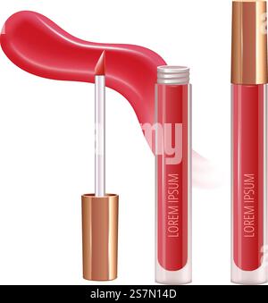Make-up-Set für Lippen mit realistischem Cremeausstrich, realistischem flüssigem Lippenstift. Vektor. Make-up-Set für Lippen mit realistischem Cremeausstrich, realistischem flüssigem Lippenstift. Stock Vektor