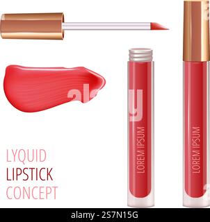 Make-up-Set für Lippen mit realistischem Cremeausstrich, realistischem flüssigem Lippenstift. Vektor. Make-up-Set für Lippen mit realistischem Cremeausstrich, realistischem flüssigem Lippenstift. Stock Vektor