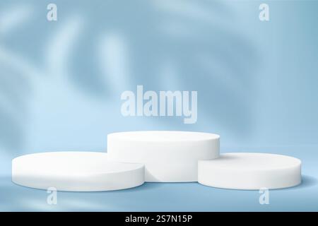 Satz zylindrischer Podeste zur Produktvorführung auf blauem Hintergrund mit dem Schatten einer Monstera. Stock Vektor