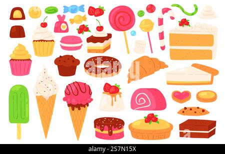 Cartoon-Bonbons und Süßigkeiten. Cupcakes, Eis, Lollipops, Schokoladen- und Gelee-Bonbons, Keksgebäck und Kuchen. Süßwaren-Vektor-Set von Cupcake Dessert, Essen Donut köstliche Illustration. Cartoon-Bonbons und Süßigkeiten. Cupcakes, Eis, Lollipops, Schokoladen- und Gelee-Bonbons, Keksgebäck und Kuchen. Vektorsatz für Süßwaren Stock Vektor