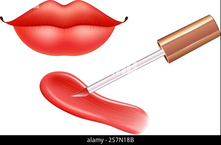 Make-up-Set für Lippen mit realistischem Cremeausstrich, realistischem flüssigem Lippenstift und Lippen. Vektor. Make-up-Set für Lippen mit realistischem Cremeausstrich, realistischem flüssigem Lippenstift und Lippen. Stock Vektor