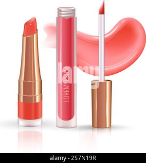 Make-up-Set für Lippen mit realistischem Cremeausstrich, realistischem flüssigem Lippenstift. Vektor. Make-up-Set für Lippen mit realistischem Cremeausstrich, realistischem flüssigem Lippenstift. Stock Vektor