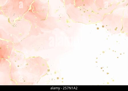 Abstrakter staubiger, rötlicher flüssiger Aquarellhintergrund mit goldenen Rissen und Flecken. Pastellrosa Marmor Alkohol Tusche Zeichnen Effekt. Vektor-Illustration Design-Vorlage für Hochzeitseinladung.. Abstrakter staubiger, rötlicher flüssiger Aquarellhintergrund mit goldenen Rissen und Flecken. Pastellrosa Marmor Alkohol Tusche Zeichnen Effekt. Vektor-Illustration Design-Vorlage für Hochzeitseinladung Stock Vektor