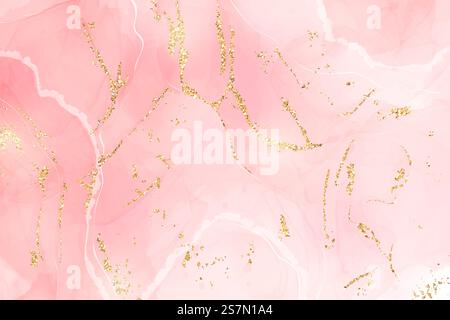 Abstrakter rosa flüssiger Aquarellhintergrund mit goldenen Glitzerflecken und Linien. Rose Marmor Alkohol Tusche zeichnend Effekt mit Goldfolie. Vektor-Illustration Vorlage für Hochzeitseinladung. Abstrakter rosa flüssiger Aquarellhintergrund mit goldenen Glitzerflecken und Linien. Rose Marmor Alkohol Tusche zeichnend Effekt mit Goldfolie. Vektor-Illustration Vorlage für Hochzeitseinladung Stock Vektor