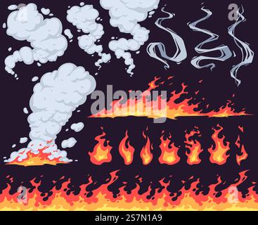 Cartoon Feuer und Rauch. Helle Feuerflamme, rote feurige Flammen und Rauchwolken Effektvektorsatz. Gefährliches Lauffeuer, natürliches Phänomen isoliert auf dunklem Hintergrund. Helles Feuer mit rauchigen Dämpfen. Cartoon Feuer und Rauch. Helle Feuerflamme, rote feurige Flammen und Rauchwolken Effektvektorsatz. Gefährliches Lauffeuer, natürliches Phänomen isoliert auf dunklem Hintergrund. Glühende Flamme mit rauchigen Dämpfen Stock Vektor
