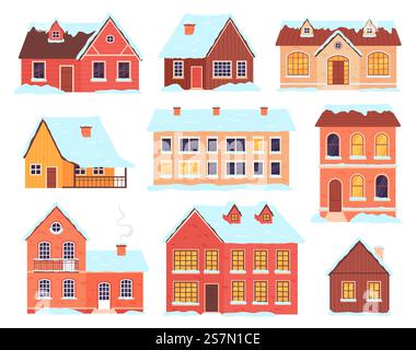 Winterhäuser. Dorf-, Stadt- und ländliche Hütten mit Schnee und Drifts. Weihnachtliche Holzhütte mit Schornstein. Gebäude Fassadenvektorset. Sammlungsgebäude im Schnee, Illustration des Winterhauses. Winterhäuser. Dorf-, Stadt- und ländliche Hütten mit Schnee und Drifts. Weihnachtliche Holzhütte mit Schornstein. Gebäude Fassadenvektorset Stock Vektor