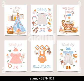 Poster zur Einrichtung im Kinderzimmer. Babyduschkarten für Jungen und Mädchen mit Kleidung für Neugeborene, Spielzeug und Kinderbett in Boho. Niedliches kindliches Muster Vektor-Set. Kinderzimmer-Kinderplakat, Möbel-Innenkarte und Kleidung. Poster zur Einrichtung im Kinderzimmer. Babyduschkarten für Jungen und Mädchen mit Kleidung für Neugeborene, Spielzeug und Kinderbett im Boho-Stil. Niedliches kindliches Muster Vektor-Set Stock Vektor