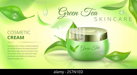 Grüne Tee cosmetica Bannerwerbung mit fliegenden Blättern und Kosmetikpaket. Realistische Vektordarstellung. Entworfener Text... Grüne Tee cosmetica Bannerwerbung mit fliegenden Blättern und Kosmetikpaket. Entworfener Text. Realistische Vektordarstellung. Stock Vektor