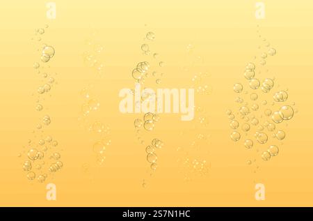 Schwimmende Luftblasen. Schöner Vektorhintergrund für Ihr Design. Set von sprudelnden Luftblasen aus Champagner, isoliert auf gelbem Hintergrund. Limonade... Schwimmende Luftblasen. Schöner Vektorhintergrund für Ihr Design. Set von sprudelnden Luftblasen aus Champagner, isoliert auf gelbem Hintergrund. Stock Vektor