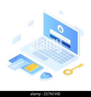 2-stufige Authentifizierungsdarstellung isometrischer Stil. Illustration für Websites, Landing-Pages, mobile Anwendungen, Poster und Banner. Stock Vektor