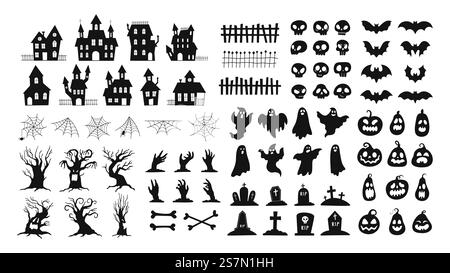 Halloween-Silhouetten. Gruselige Dekorationen Zombiehände, gruselige Bäume, Geister, Spukhaus, Kürbisgesichter und Friedhof Grabsteine Vektor-Set. Illustration halloween Fledermaus, gruselig und gruselig. Halloween-Silhouetten. Gruselige Dekorationen Zombiehände, gruselige Bäume, Geister, Spukhaus, Kürbisgesichter und Friedhof Grabsteine Vektor-Set Stock Vektor