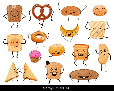 Brotzeichen. Lustige Comic-Backwaren, Brote, Toast und süßes Gebäck. Frühstück Croissant und Muffin mit süßen Gesichtern Vektor Set. Illustration Backwaren Toast und Comic Brotgesichter. Brotzeichen. Lustige Comic-Backwaren, Brote, Toast und süßes Gebäck. Frühstück Croissant und Muffin mit süßen Gesichtern Vektor Set Stock Vektor