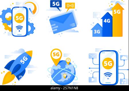 Netzwerk 5 g. Telekommunikation der fünften Generation, schnelle Internetverbindung und Netzwerke mit geringer Latenz. Hochgeschwindigkeits-Netzwerkübertragung. Vektorabbildung isolierte Symbole gesetzt. Netzwerk 5 g. Telekommunikation der fünften Generation, schnelle Internetverbindungsgeschwindigkeit und Netzwerke mit geringer Latenz, Vektorillustrationssatz Stock Vektor