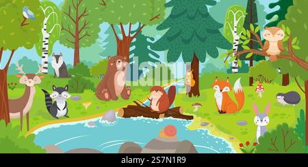 Cartoon Waldtiere. Wilder Bär, lustiges Eichhörnchen und niedliche Vögel auf Wald Bäumen Kinder. Fuchs-, Igel-, Wolf- und Hirschwald-Charaktere durch den Fluss Vektor Hintergrund Illustration. Cartoon Waldtiere. Wilder Bär, lustiges Eichhörnchen und niedliche Vögel auf Wäldern Bäumen Kinder Vektor Hintergrund Illustration Stock Vektor