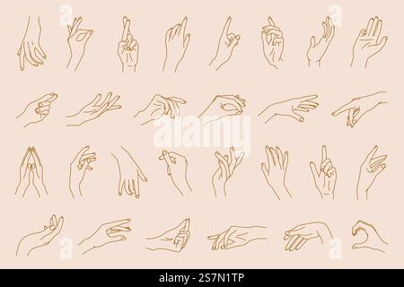 Vektorhandgesten Satz abstrakter Logo-Vorlage. Gekreuzte Finger, öffnen, schließen, OK Geste, Hand greifen usw. Lineare Elemente, die auf Pastellhintergrund isoliert sind. Stock Vektor