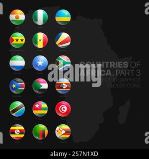 Afrikanische Länder Flaggen Glänzende Runde Symbole Isoliert Auf Schwarzem Hintergrund Teil 3 Stock Vektor