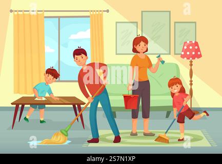 Familienreinigungshaus. Vater, Mutter und Kinder putzen zusammen das Wohnzimmer. Hausarbeit Familie, inländische schmutzige Bodenreinigung oder regelmäßige Haushalt arbeiten Cartoon Vektor Illustration. Familienreinigungshaus. Vater, Mutter und Kinder reinigen Wohnzimmer zusammen Hausarbeit Cartoon Vektor Illustration Stock Vektor