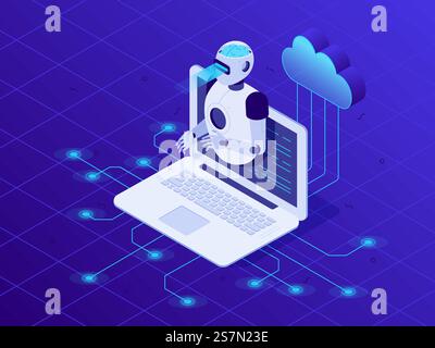 Künstliche Intelligenz auf dem Laptop-Bildschirm. Neuronales Netzwerk in der Cloud, KI-Roboter, Chatbots für digitale Kommunikation oder Intelligenz von Gesprächen mit zukünftigen Fragen, 3D-Isometrie Vektorillustration. Künstliche Intelligenz auf dem Laptop-Bildschirm. Neuronales Wolkennetzwerk, Illustration isometrischer 3D-Vektoren des KI-Roboters Stock Vektor
