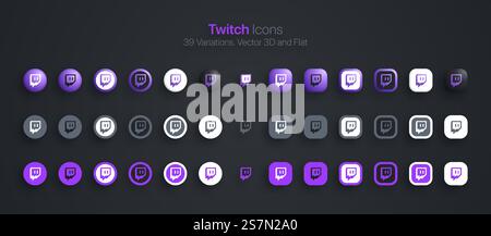 Twitch Icons stellt moderne 3D und flach in verschiedenen Variationen ein Stock Vektor