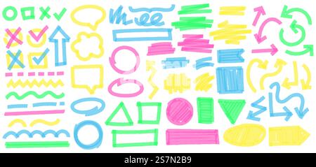 Markierungskonturen für farbige Hervorhebungen. Bunte Markierungen kreuzen und Häkchen, Kritzeleien hervorheben Pfeile und Markierungskonturen Vektorsatz. Mehrfarbige Symbole, Pfeile, Sprachwolken und geometrische Formen. Markierungskonturen für farbige Hervorhebungen. Bunte Markierungen kreuzen und Häkchen, Kritzeleien hervorheben Pfeile und Markierungskonturen Vektorsatz. Mehrfarbige Symbole, Pfeile, Sprechblasen und geometrische Formen Stock Vektor