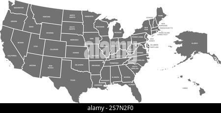 USA-Karte. Poster mit den Namen der USA. Geographische amerikanische Karten einschließlich Alaska und Hawaii. USA Geographie, Geographie-Mapping-Vektor-Illustration. USA-Karte. Poster mit den Namen der USA. Geographische amerikanische Karten einschließlich Alaska und Hawaii Vektorillustration Stock Vektor