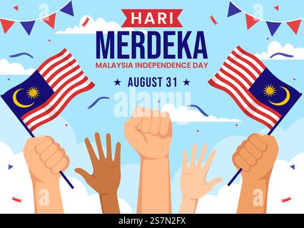 Malaysia Independence Day Vector Illustration am 31. August mit Waving Flag in National Holiday Flat Cartoon Hand Drawn Background Templates Stock Vektor