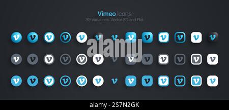 Vimeo Icons stellt moderne 3D und flach in verschiedenen Variationen ein Stock Vektor
