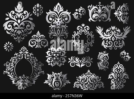 Barocke Vintage-Ornamente. Verzierte Blumenzweigmuster, luxuriöse Damastverzierungen und Damastmuster aus viktorianischem Twill. Barocke Blumenrahmen, antike königliche Einrichtung. Vektor-isolierte Symbole gesetzt. Barocke Vintage-Ornamente. Verzierte Blumenzweige Muster, luxuriöse Damastornamente und viktorianische Twill Damastmuster Vektor Set Stock Vektor