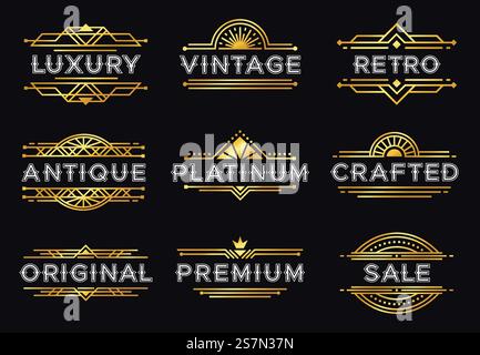 Art-Deco-Label. Luxuriöse geometrische Retro-Ornamente, Rahmen mit Vintage-Ornamenten und dekorative Hipster-Etiketten. Elegante Einladung oder luxuriöses gatsby-Deko-Emblem. Symbolsatz für isolierte Vektorabbildungen. Art-Deco-Label. Retro luxuriöse geometrische Ornamente, Vintage Ornament Rahmen und Hipster dekorative Linien Etiketten Vektor Illustration Set Stock Vektor