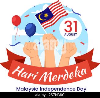 Malaysia Independence Day Vector Illustration am 31. August mit Waving Flag in National Holiday Flat Cartoon Hand Drawn Background Templates Stock Vektor
