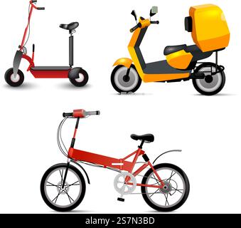 Realistischer Jugendstadtverkehr auf weißem Hintergrund. Fahrrad, Gyroscooter und Fahrrad. Moderne alternative Stadtverkehrsmittel. Ökologischer Teenager-Transport, isolierte Ikone. Vektor. Realistischer Jugendstadtverkehr auf weißem Hintergrund. Fahrrad, Gyroscooter und Fahrrad. Moderne alternative Stadtverkehrsmittel. Ökologischer Teenager-Transport, isolierte Ikone. Stock Vektor