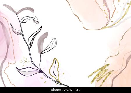 Abstrakter staubiger rosa und rötlicher flüssiger Aquarellhintergrund mit Ast- und Goldfolienelementen. Pastellalkohol-Tuschentablegeeffekt mit Goldflecken. Vektor-Illustration der botanischen eleganten Tapete.. Abstrakter staubiger rosa und rötlicher flüssiger Aquarellhintergrund mit Ast- und Goldfolienelementen. Pastellalkohol-Tuschentablegeeffekt mit Goldflecken. Vektor-Illustration der botanischen eleganten Tapete Stock Vektor