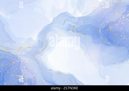 Türkisfarbener und blauer flüssiger Aquarellhintergrund mit goldenen Glitzerlinien. Pastellfarbe Cyan Marmor Alkohol Zeichnen Effekt mit Goldfolienrissen. Vektor-Illustration abstrakter flüssiger Kunsthintergründe. Türkisfarbener und blauer flüssiger Aquarellhintergrund mit goldenen Glitzerlinien. Pastellfarbe Cyan Marmor Alkohol Zeichnen Effekt mit Goldfolienrissen. Vektor-Illustration abstrakter flüssiger Kunsthintergründe Stock Vektor