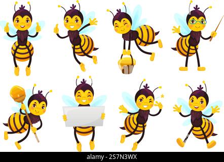 Maskottchen für Cartoon-Bienen. Süße Honigbiene, fliegende Bienen und lustige gelbe Bienenfiguren-Maskottchen. Hummel fliegen, Biene mit Honig oder Insektenkäfer Maskottchen. Vektorabbildung isolierte Symbole gesetzt. Maskottchen für Cartoon-Bienen. Nette Honigbiene, fliegende Bienen und glückliche lustige gelbe Biene Charakter Maskottchen Vektor Illustration Set Stock Vektor