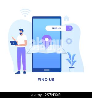 Finden Sie uns Standort Illustration Konzept Design. Illustration für Websites, Landing-Pages, mobile Anwendungen, Poster und Banner Stock Vektor