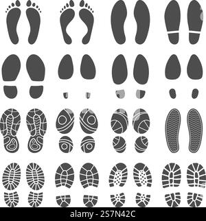 Fußabdrücke Silhouetten. Drucke mit Barfuß-Schritten, Stiefel mit Schritt- und Fußfuß-Aufdruck. Menschliche Fußabdrücke, Stiefel, Schuh, Schritt, Textur. Illustrationssatz für isolierte Vektorsilhouetten. Fußabdrücke Silhouetten. Barfuß-Stufen-Drucke, Stiefel Schritt und Fuß-Füße drucken isolierte Vektor-Silhouette Illustration Stock Vektor