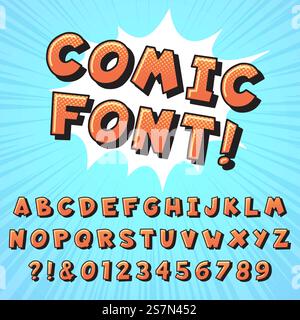 Retro-Comic-Schriftart. Superhelden-Comics-Buchstaben, Vintage-Comic-Helden-Schriften und Pop-Art-Comics-Alphabet. Superhelden-Text, Comic-Zahlen und Buchstabensymbole Vektor-Illustration Set. Retro-Comic-Schriftart. Superhelden-Comics-Buchstaben, Vintage-Comic-Helden-Schriften und Pop-Art-Comics-Alphabet-Vektor-Illustration Stock Vektor
