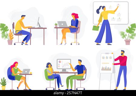 Arbeitsabläufe im Büro. Arbeitende Geschäftsleute, Remote-Teamarbeit und Teamzusammenarbeit von Mitarbeitern. Enthusiastisches Teamgespräch, kreatives Startup für Illustrator. Illustration des flachen Vektors isolierte Symbole. Arbeitsabläufe im Büro. Arbeitende Geschäftsleute, Remote Teamwork und Mitarbeiter Team Collaboration flache Vektor-Illustration Set Stock Vektor